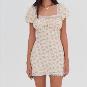 For Love & Lemons Cream Mini Dress with Pink Floral Print